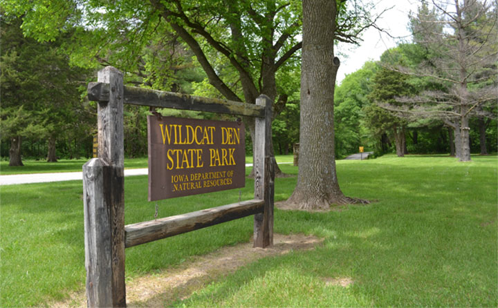 Brown sign in a wood frame that reads Wildcat Den State Park